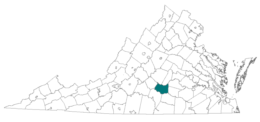 Map of Farmville, Prince Edward County, Cumberland County, Buckingham County, Virginia